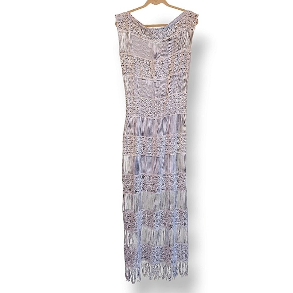 NWOT Callahan Anthropologie Pastel Blue Crochet Fringe Maxi Dress - Picture 6 of 6